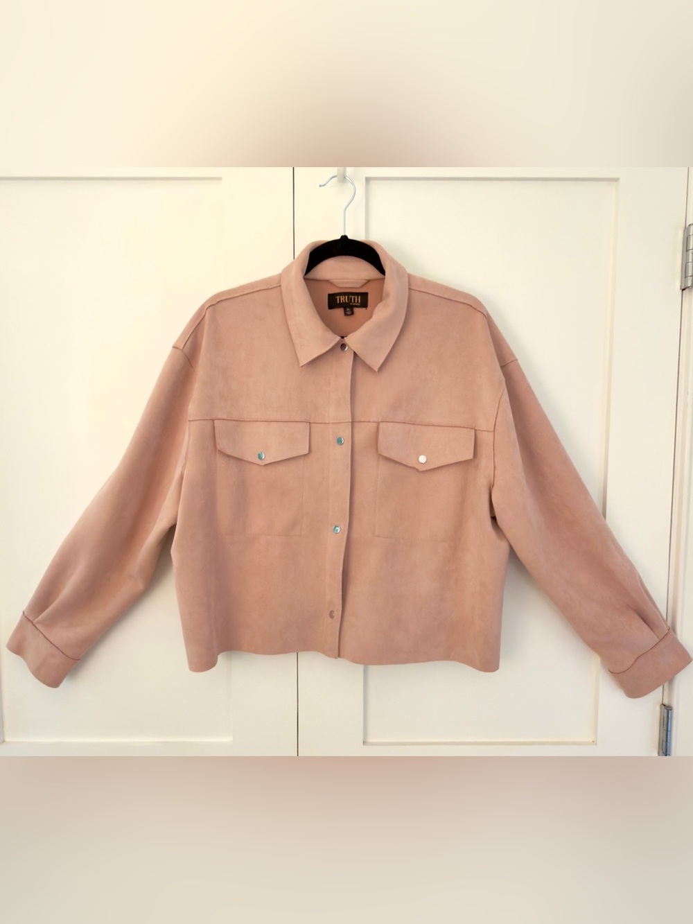 Blush Pink Faux Suede Cropped Trucker Jacket